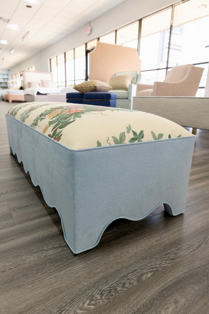 50” L Scalloped End of Bed Bench in Sky Blue Woven Fabric - White Trim