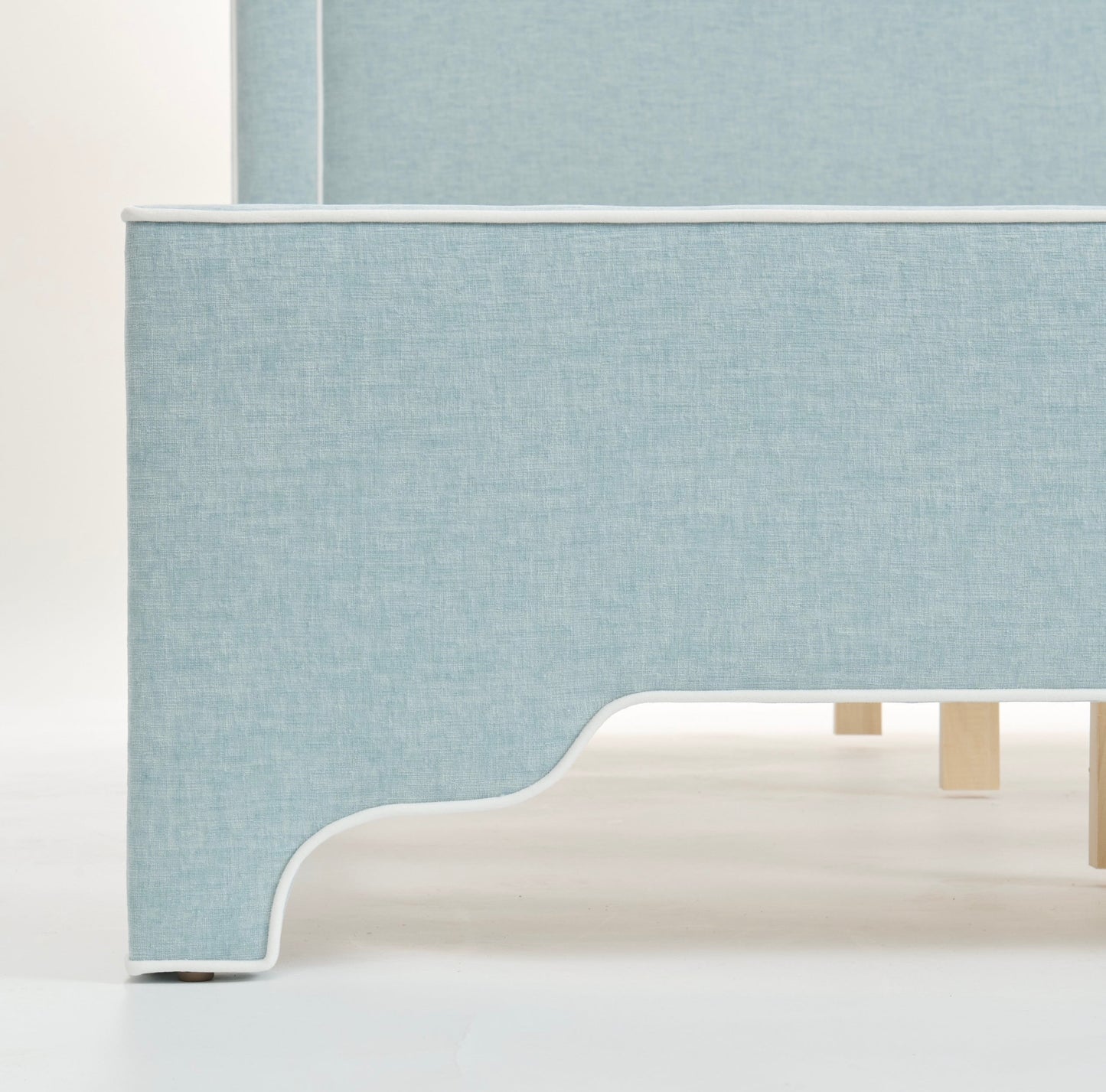 The Addison Queen Platform Bed - Scalloped Legs - Performance Chenille Fabric Seafoam Blue - White Trim