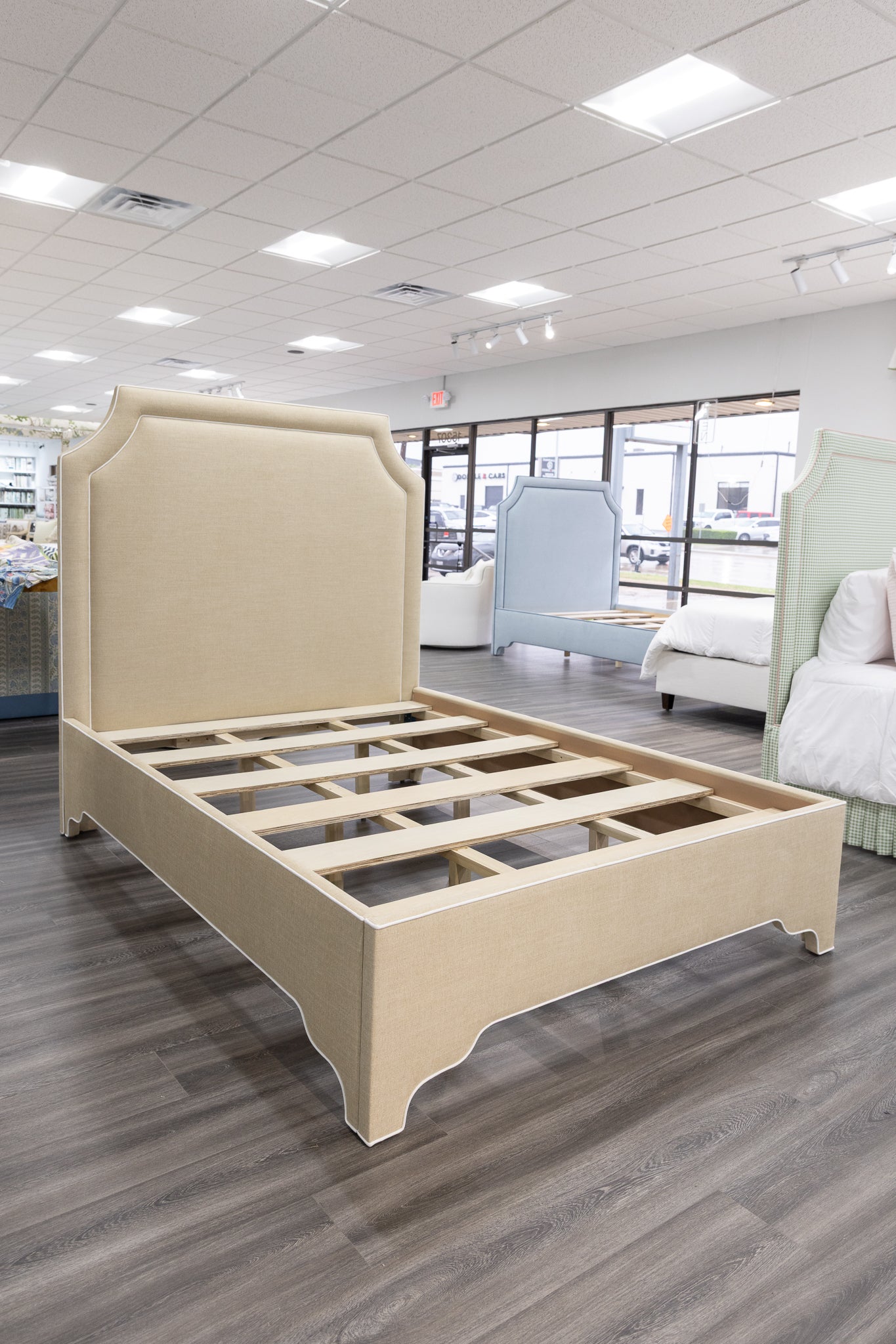65”H Queen Upholstered Platform Bed - Sand Chenille Fabric with White Trim