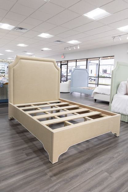 65”H Queen Upholstered Platform Bed - Sand Chenille Fabric with White Trim