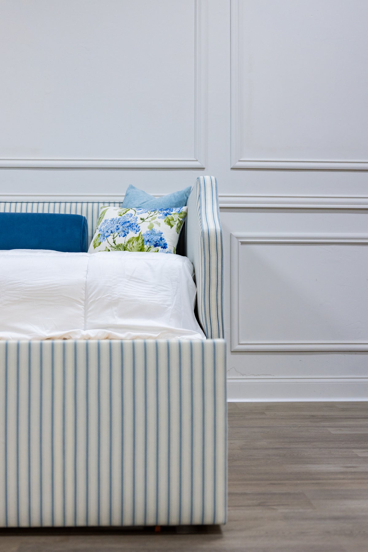 The Addison Twin to King Trundle Daybed - Schumacher Stripe Fabric - Sky Blue Trim