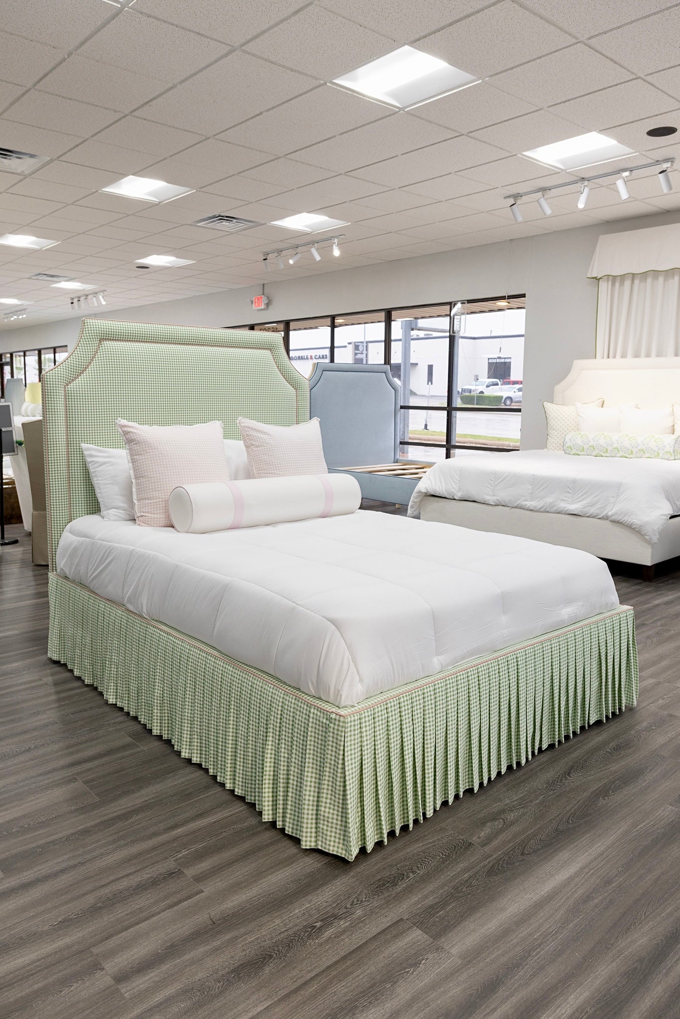 The Addison Queen Bed - Skirted Base - Sage Green Gingham Fabric - Pink Trim