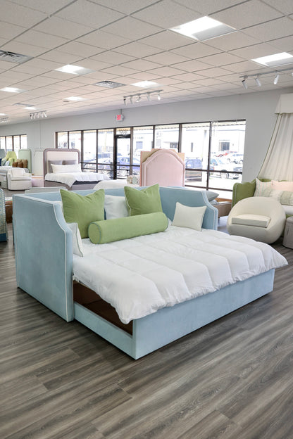 Twin to king Upholstered Trundle Daybed in Sky Blue Woven fabric - White Trim