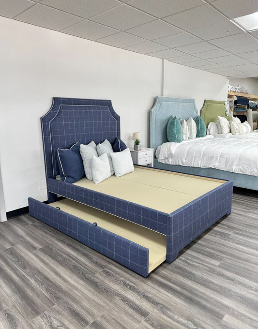 60”H Full Size Upholstered Bed with Twin Trundle - Plaid Navy Fabric - Light Gray Trim