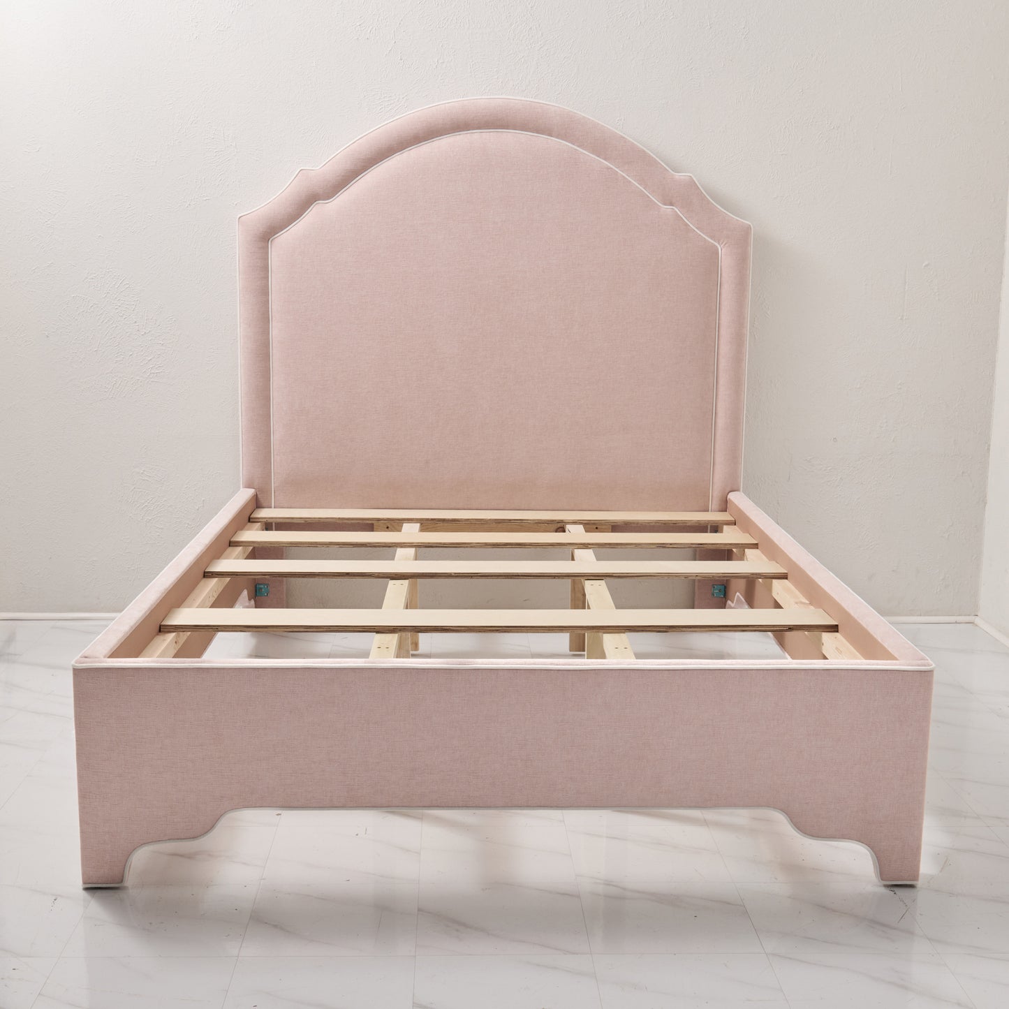 60" H Queen Upholstered Platform Bed - Pale Pink Chenille Fabric with White Trim