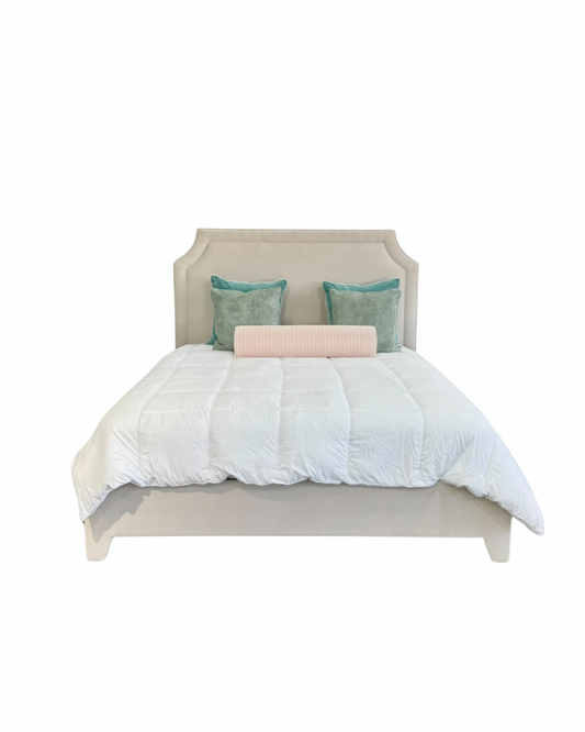 65" H King Platform Bed - Upholstered Legs - Sand Woven Fabric - Self Welted