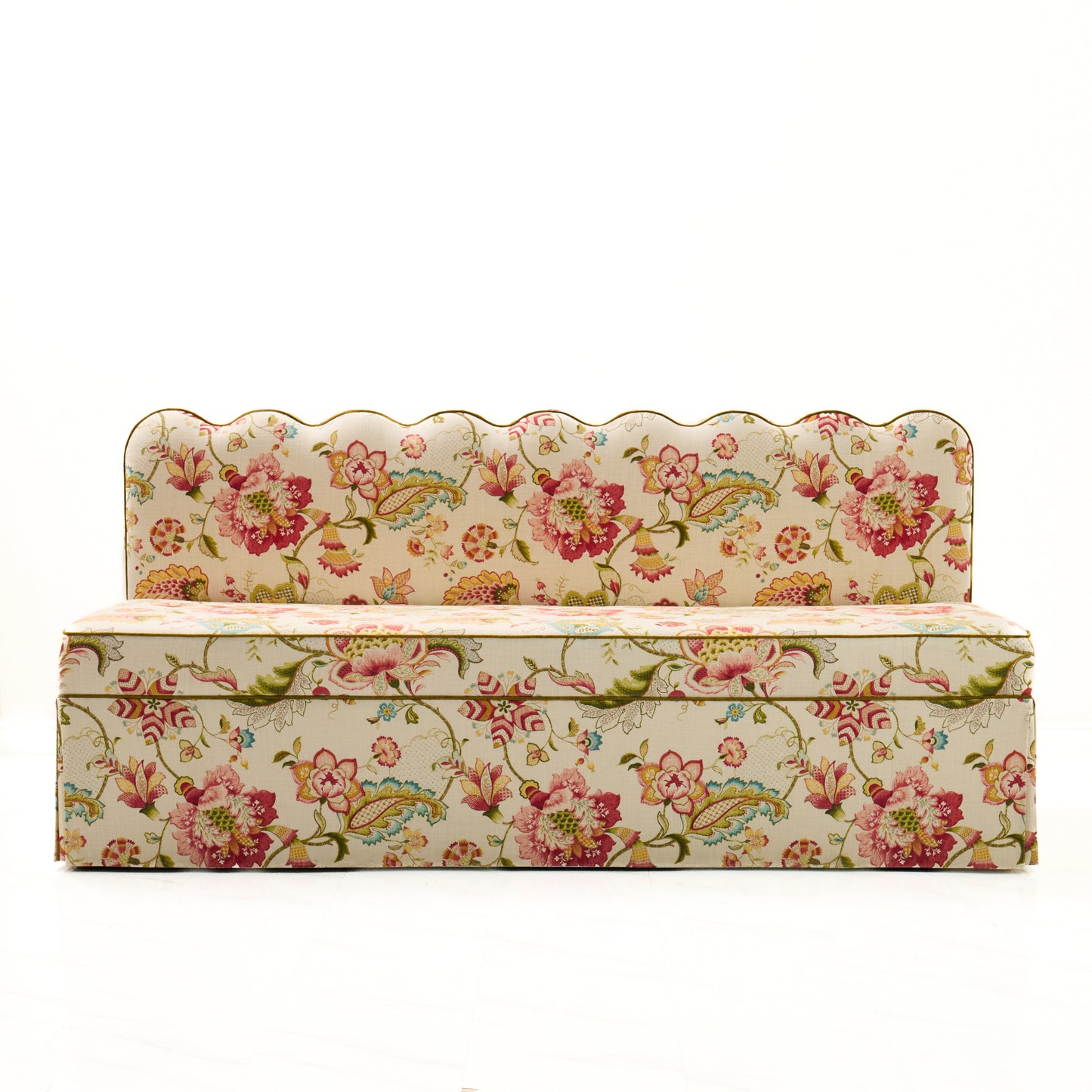 76"L Custom Scalloped Banquette in Ophelia Blossom - Modern Upholstered Dining Banquette with Pleated Skirt