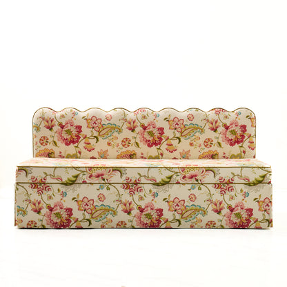 76"L Custom Scalloped Banquette in Ophelia Blossom - Modern Upholstered Dining Banquette with Pleated Skirt