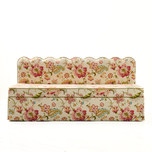 76"L Custom Scalloped Banquette in Ophelia Blossom - Modern Upholstered Dining Banquette with Pleated Skirt
