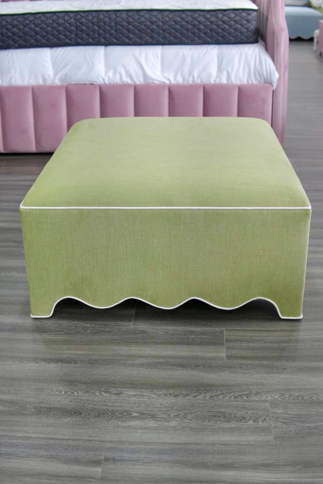 Scalloped Ottoman / Coffee table in Pistachio Green Woven Fabric - White Trim