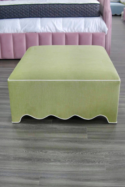 Scalloped Ottoman / Coffee table in Pistachio Green Woven Fabric - White Trim