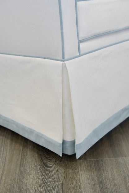 Custom Swivel Glider Chair – White Linen with Sky Blue Trim