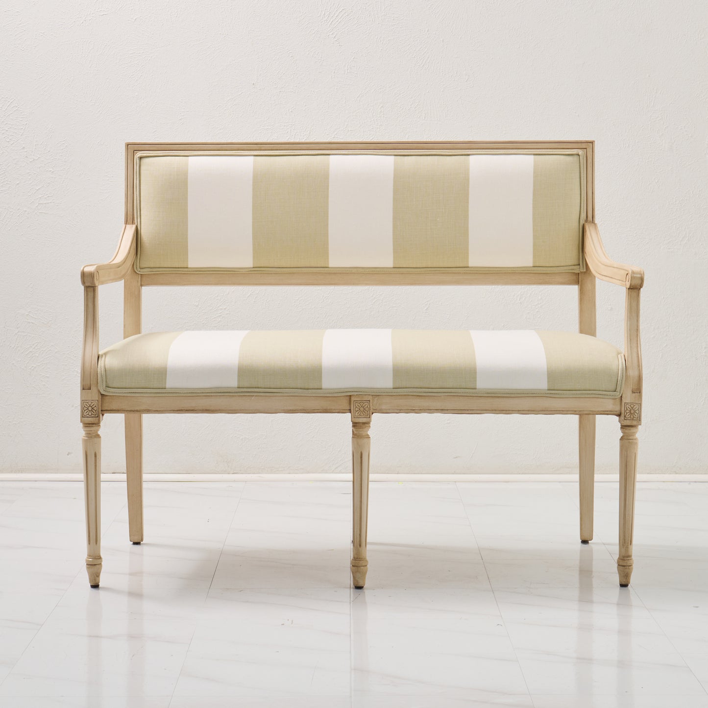 Italian Carved Upholstered Bench in Schumacher Fabric