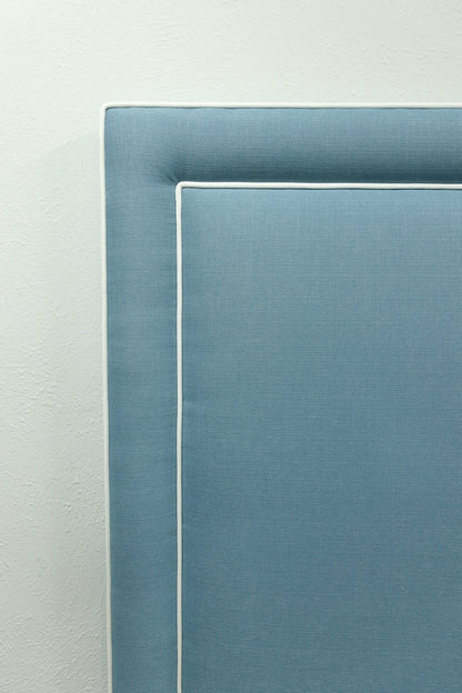 The Jacob Queen Headboard -  Blue Linen Look Fabric - White Trim