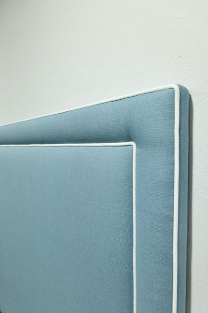 The Jacob Queen Headboard -  Blue Linen Look Fabric - White Trim