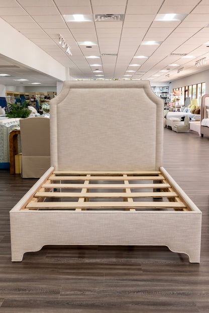 65”H Queen Upholstered Platform Bed - Scalloped Legs - Performance Neutral Fabric - Self Welted