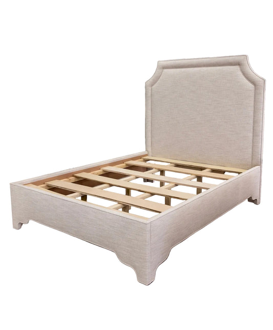 65”H Queen Upholstered Platform Bed - Scalloped Legs - Performance Neutral Fabric - Self Welted