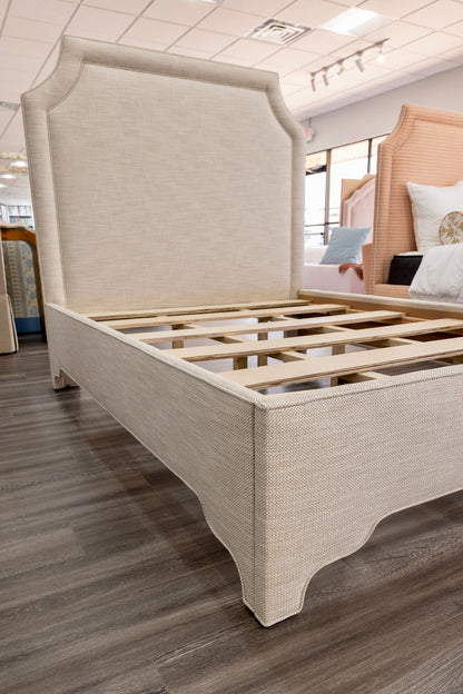 65”H Queen Upholstered Platform Bed - Scalloped Legs - Performance Neutral Fabric - Self Welted