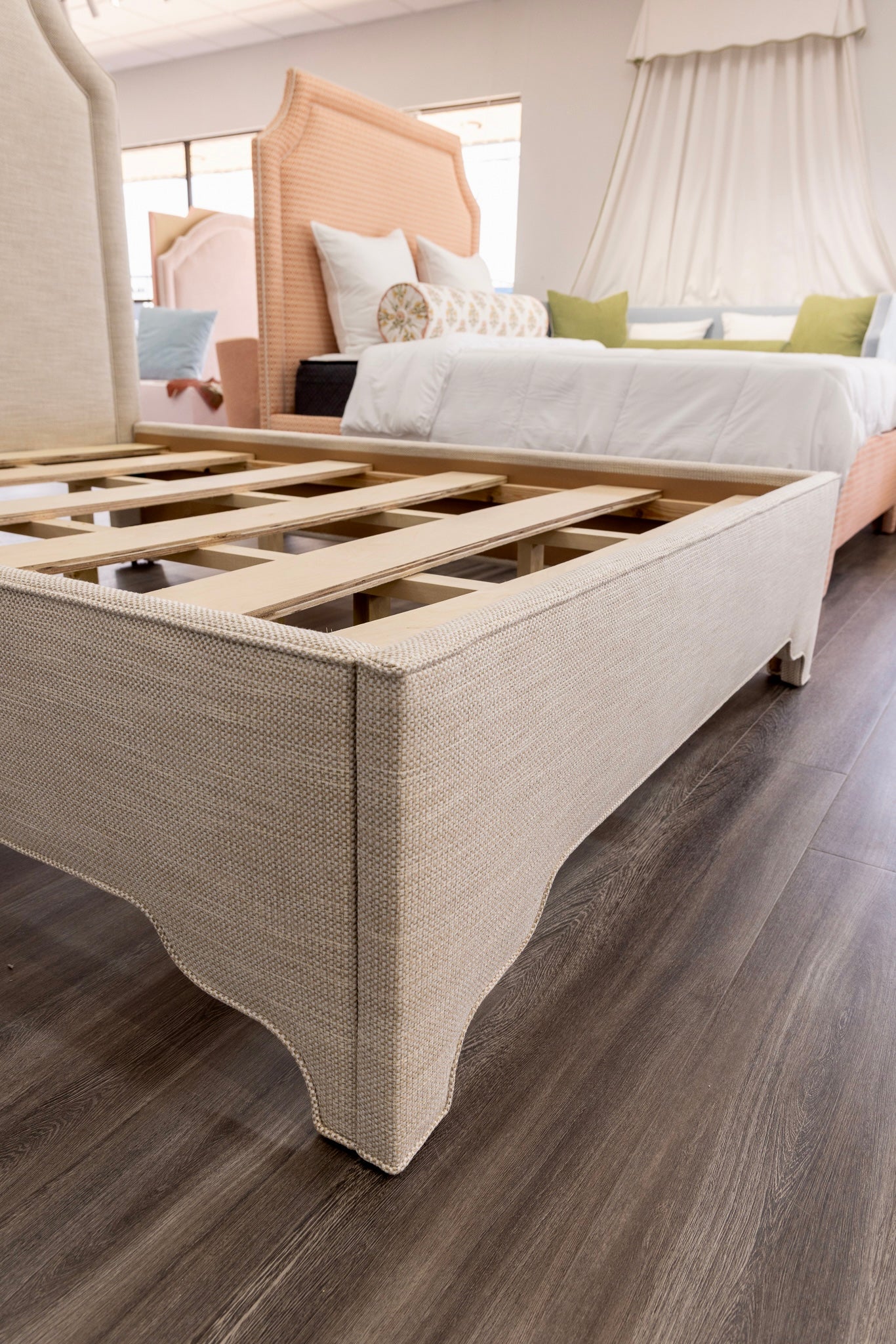 65”H Queen Upholstered Platform Bed - Scalloped Legs - Performance Neutral Fabric - Self Welted