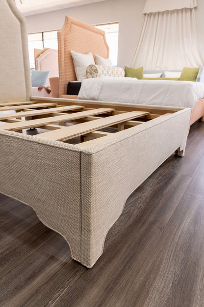 65”H Queen Upholstered Platform Bed - Scalloped Legs - Performance Neutral Fabric - Self Welted