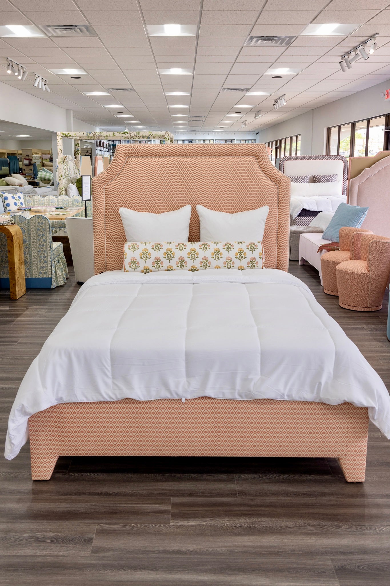 65”H Queen Upholstered Platform Bed - Upholstered Legs - Rust Pink fabric with White Trim