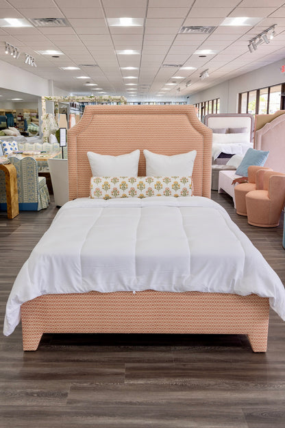 65”H Queen Upholstered Platform Bed - Upholstered Legs - Rust Pink fabric with White Trim