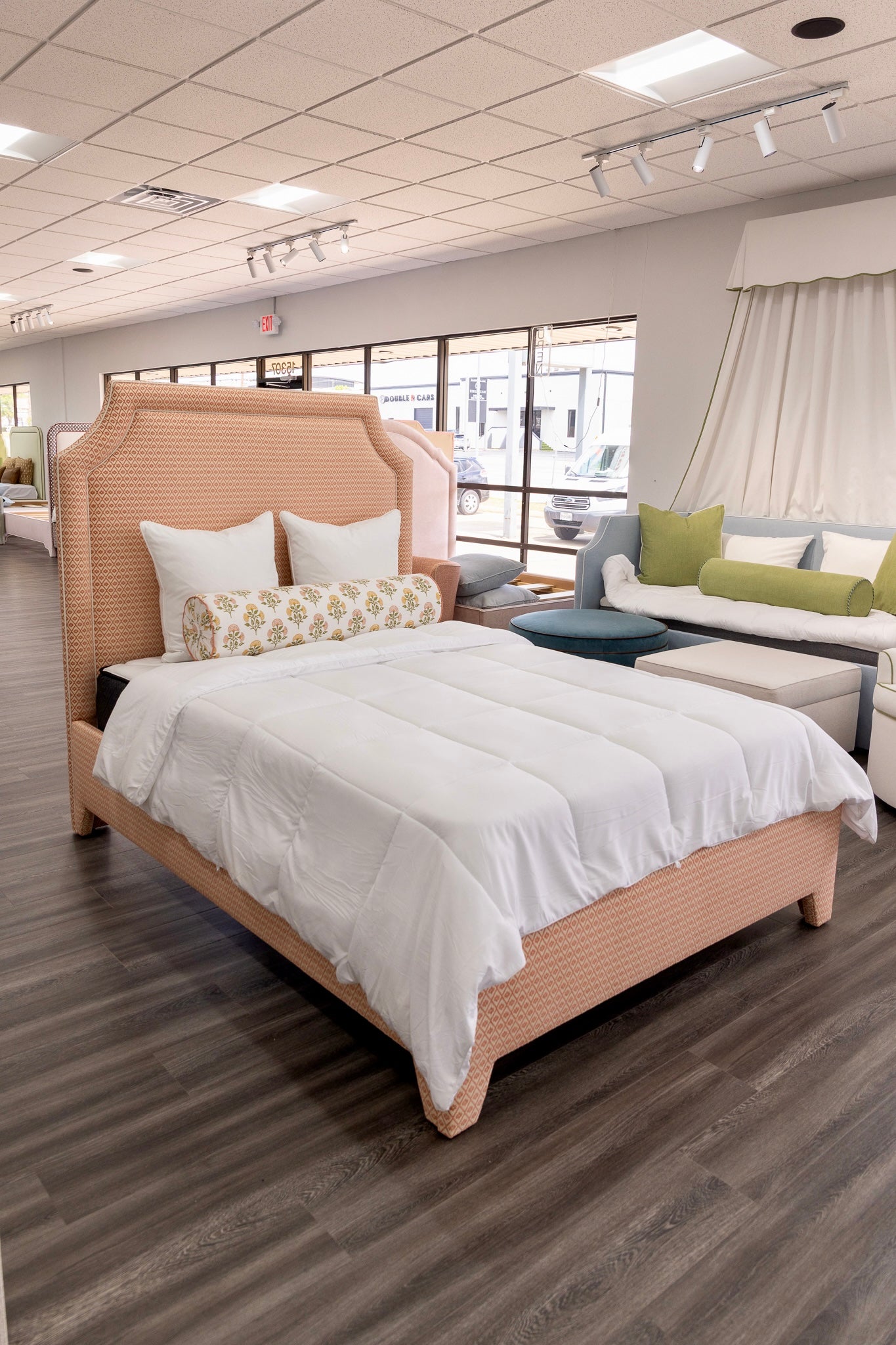 65”H Queen Upholstered Platform Bed - Upholstered Legs - Rust Pink fabric with White Trim