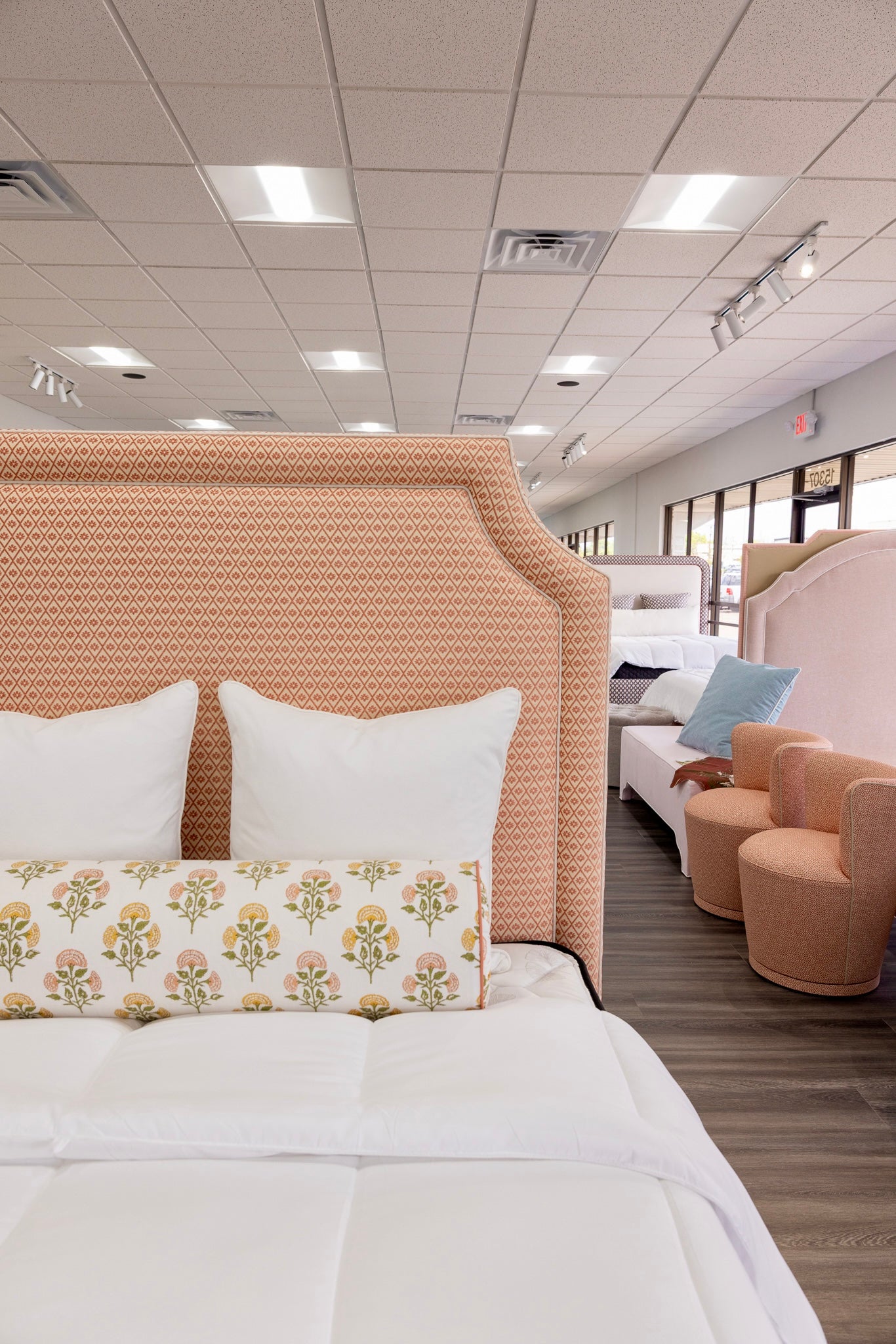 65”H Queen Upholstered Platform Bed - Upholstered Legs - Rust Pink fabric with White Trim