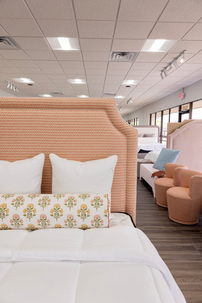 65”H Queen Upholstered Platform Bed - Upholstered Legs - Rust Pink fabric with White Trim