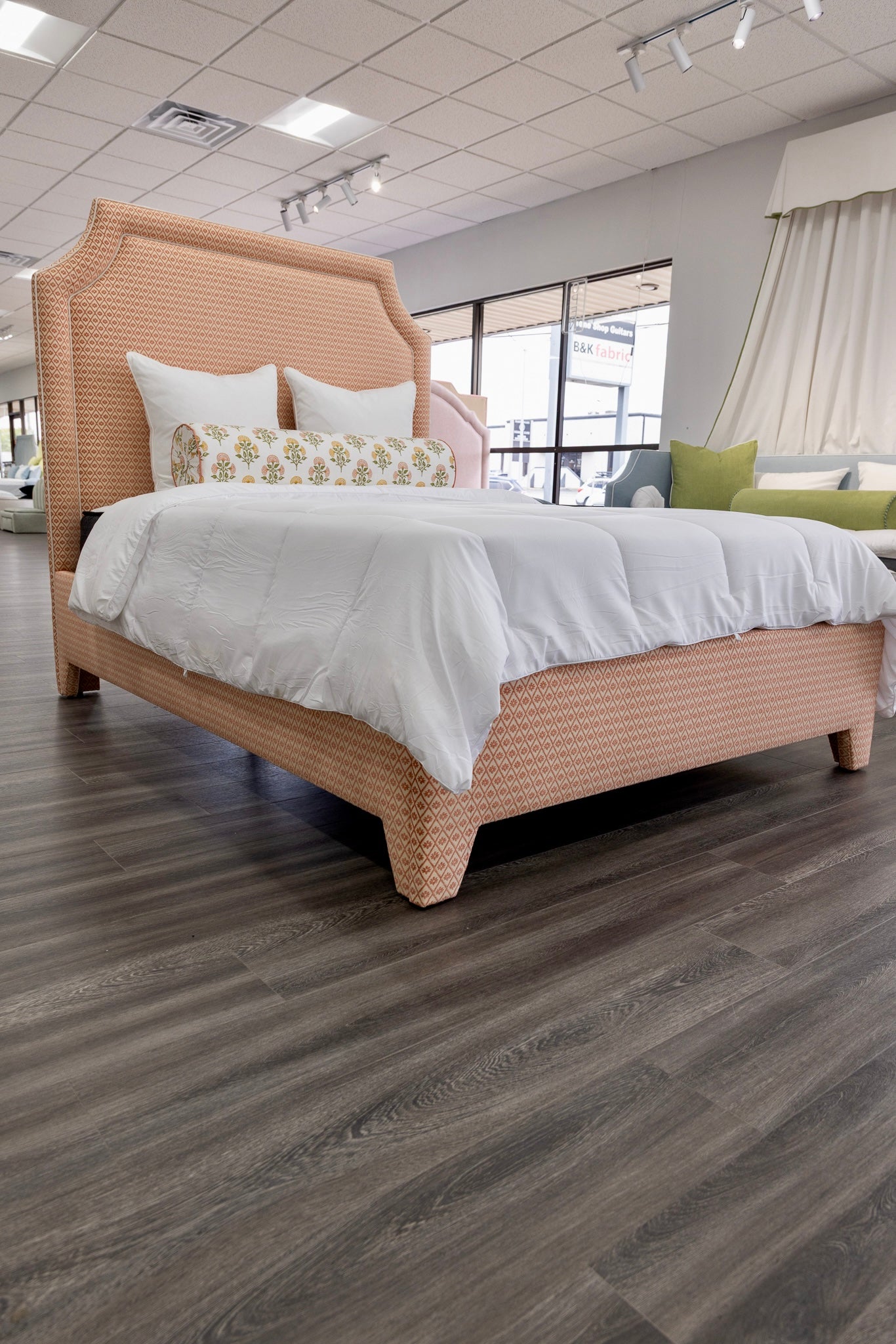 65”H Queen Upholstered Platform Bed - Upholstered Legs - Rust Pink fabric with White Trim