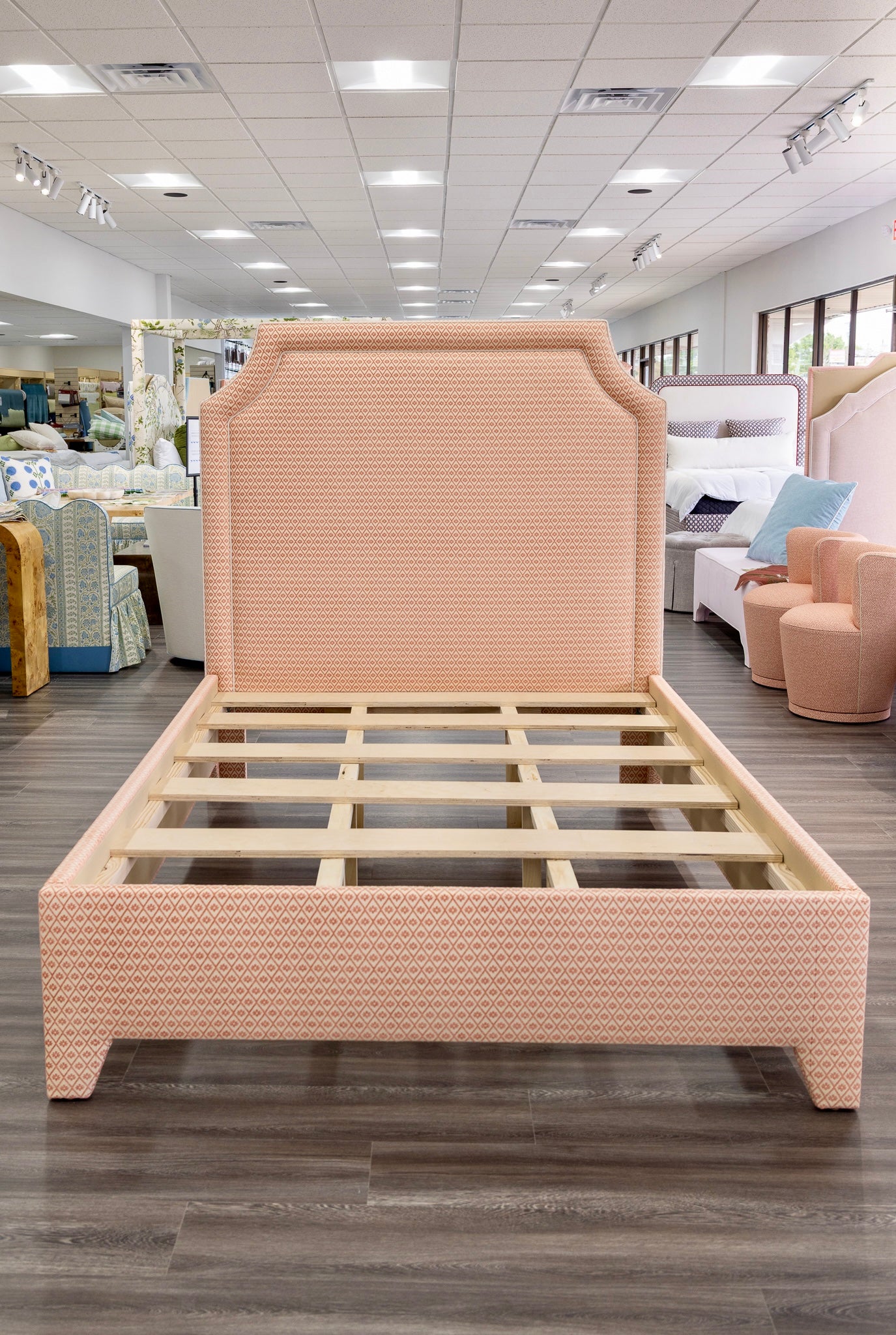 65”H Queen Upholstered Platform Bed - Upholstered Legs - Rust Pink fabric with White Trim