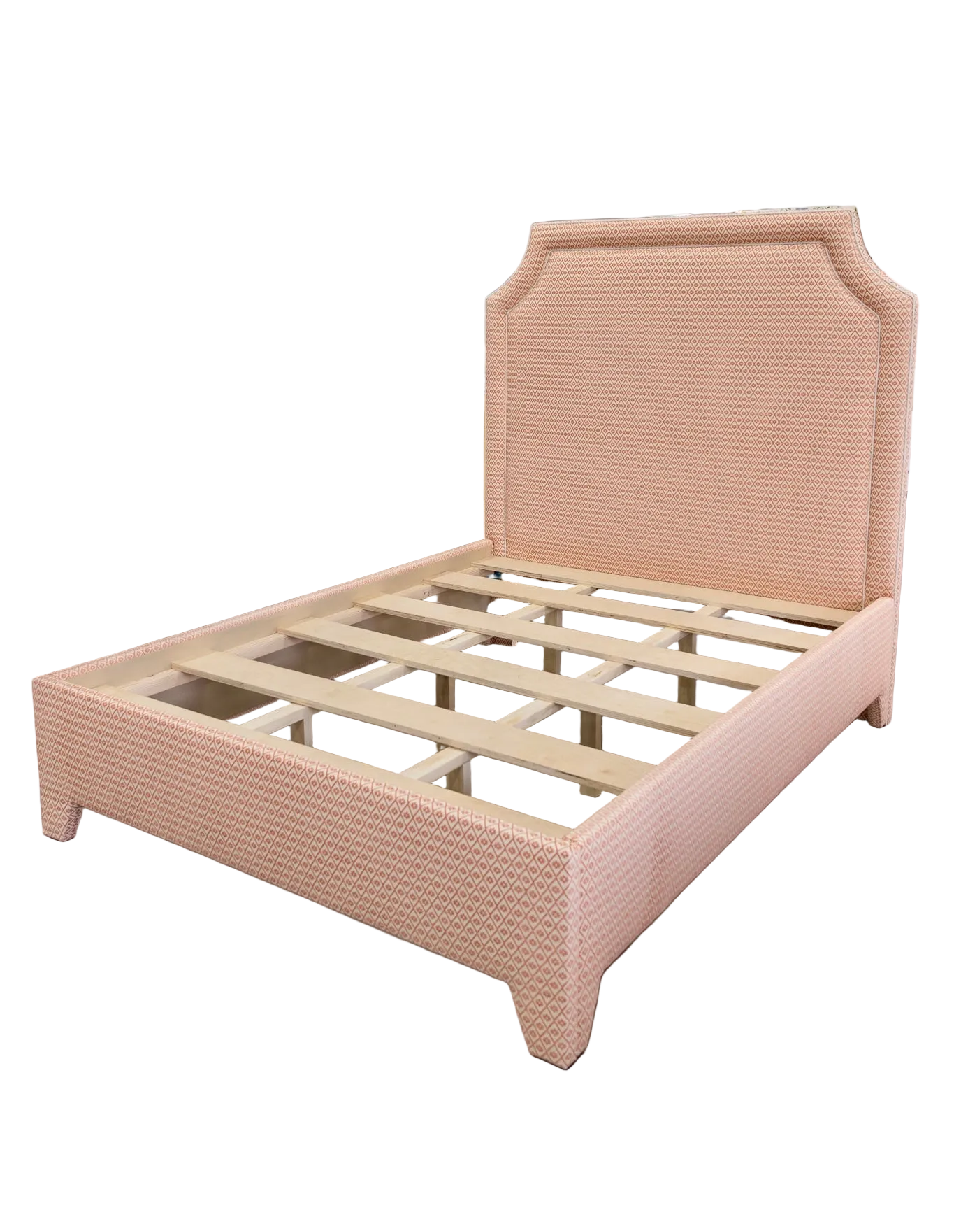 65”H Queen Upholstered Platform Bed - Upholstered Legs - Rust Pink fabric with White Trim