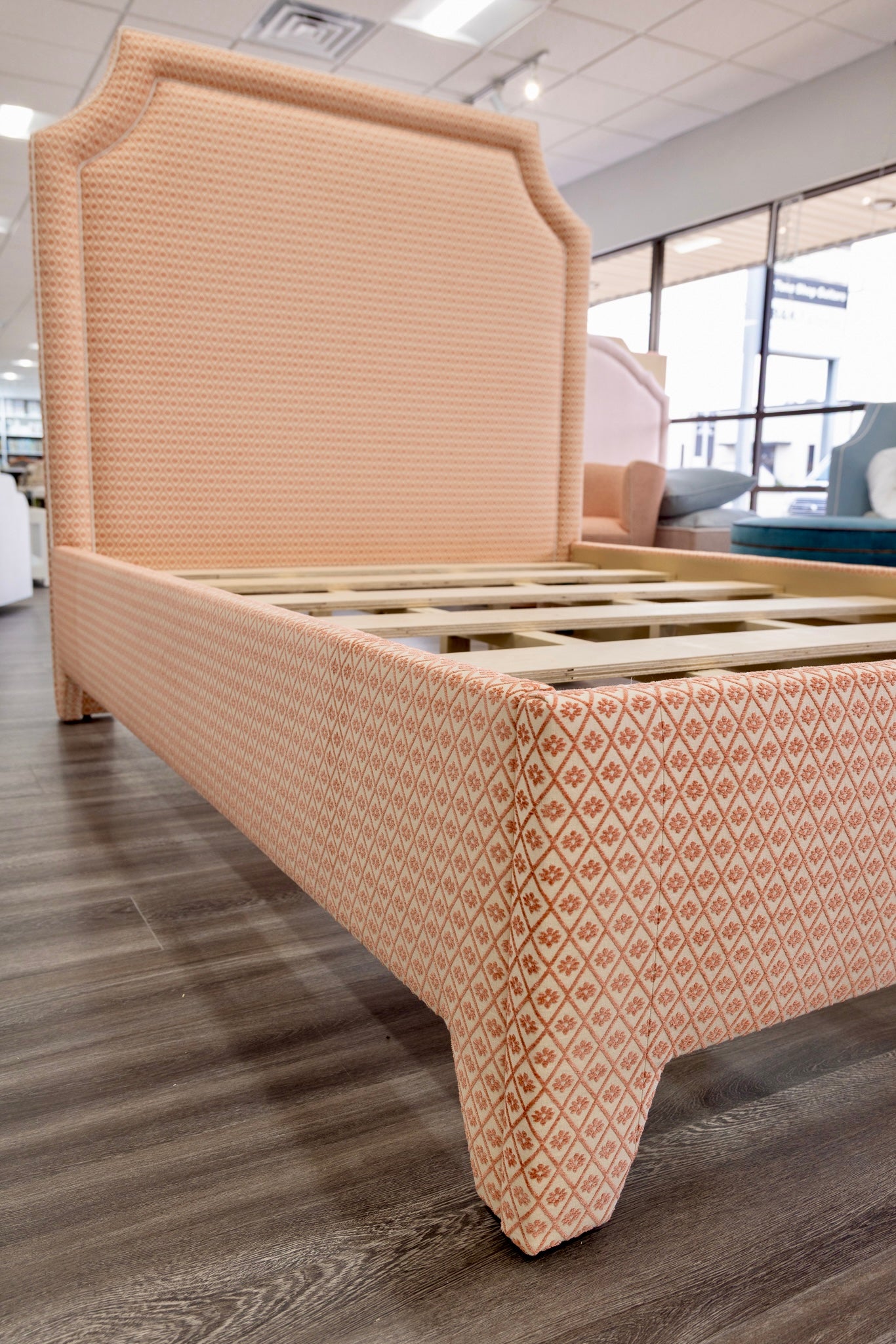 65”H Queen Upholstered Platform Bed - Upholstered Legs - Rust Pink fabric with White Trim