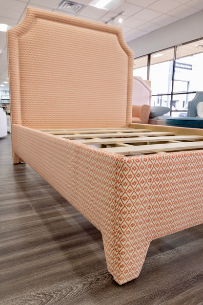 65”H Queen Upholstered Platform Bed - Upholstered Legs - Rust Pink fabric with White Trim