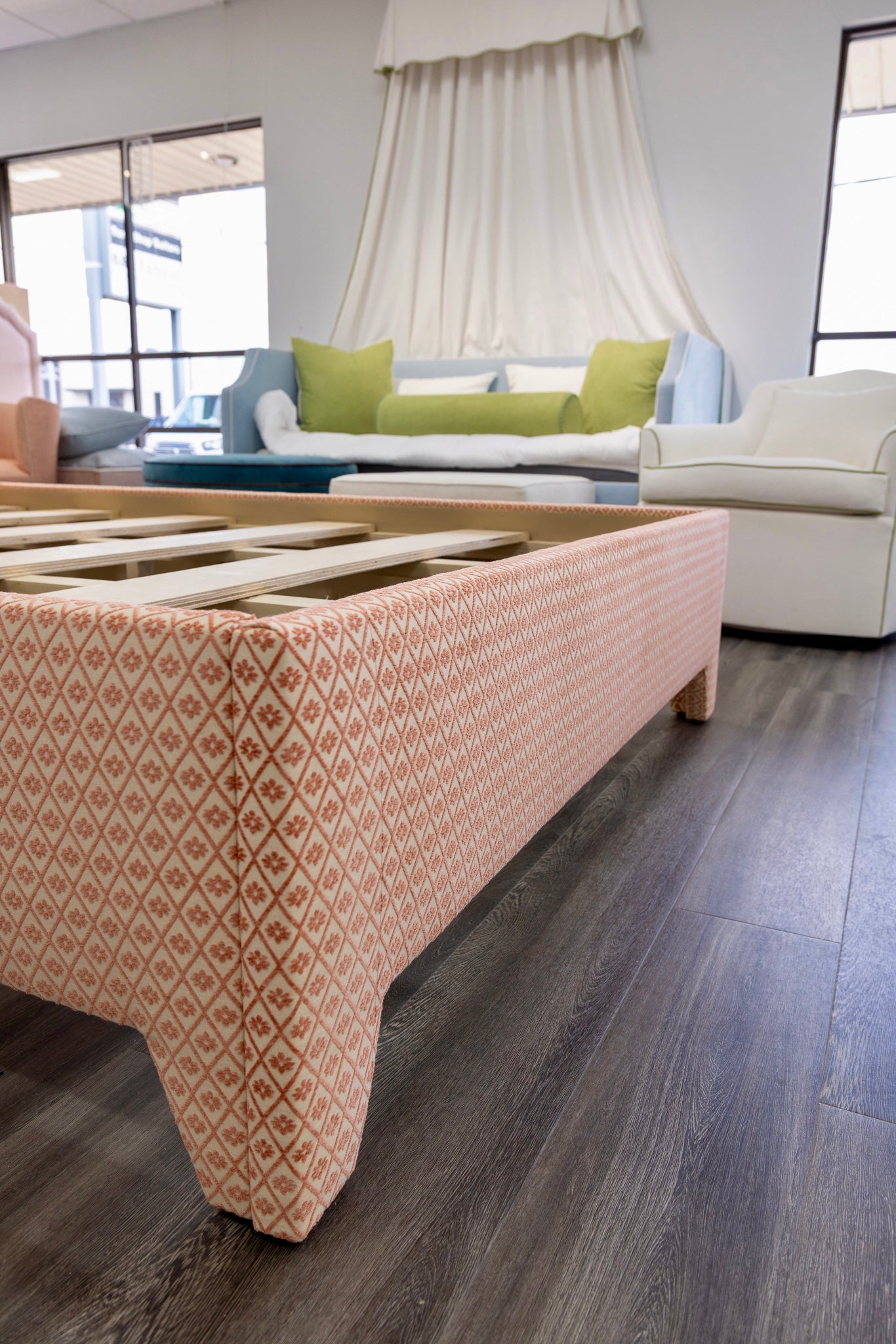 65”H Queen Upholstered Platform Bed - Upholstered Legs - Rust Pink fabric with White Trim