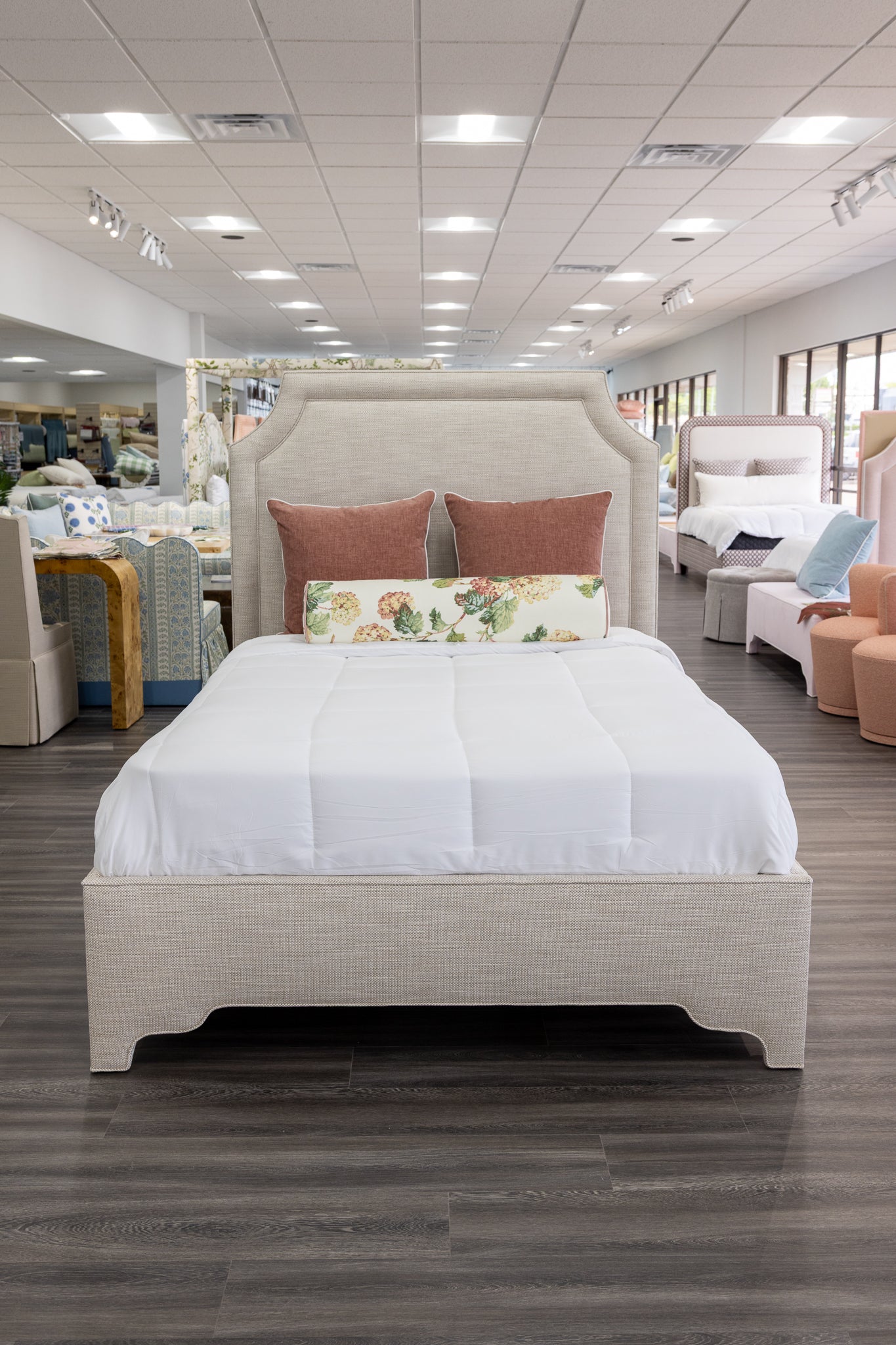 65”H Queen Upholstered Platform Bed - Scalloped Legs - Performance Neutral Fabric - Self Welted