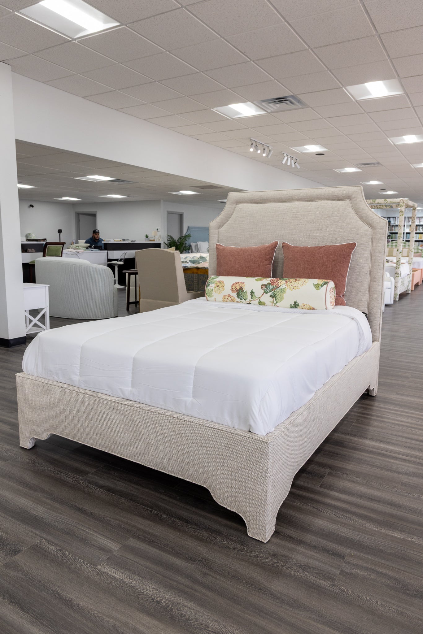 65”H Queen Upholstered Platform Bed - Scalloped Legs - Performance Neutral Fabric - Self Welted