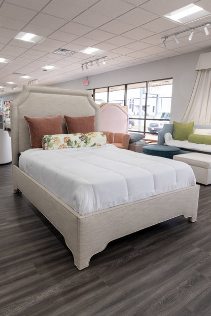 65”H Queen Upholstered Platform Bed - Scalloped Legs - Performance Neutral Fabric - Self Welted