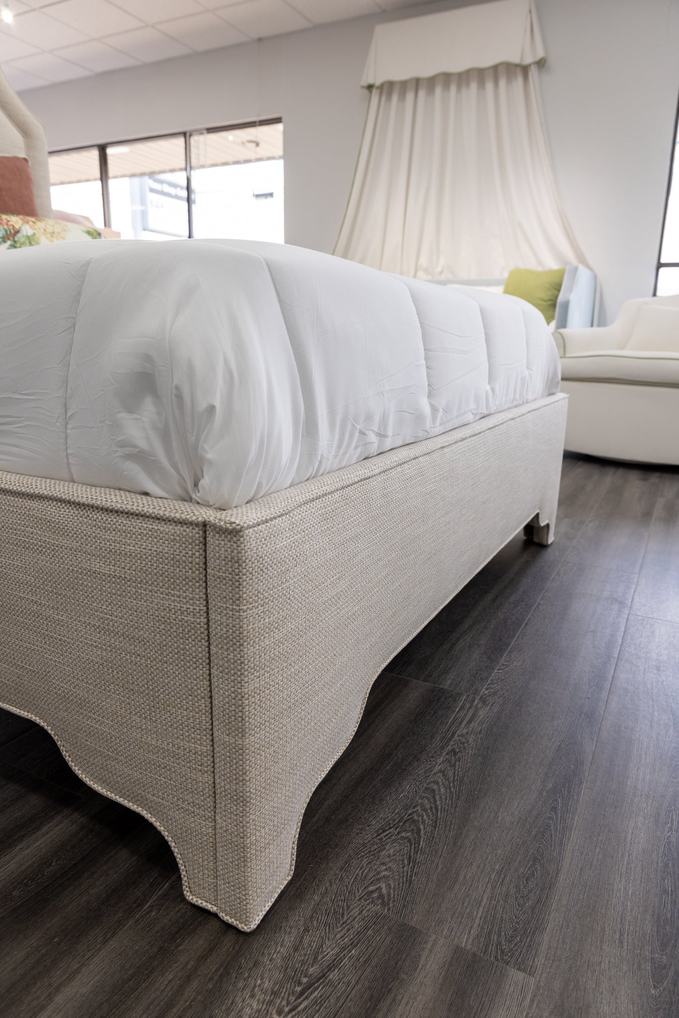 65”H Queen Upholstered Platform Bed - Scalloped Legs - Performance Neutral Fabric - Self Welted