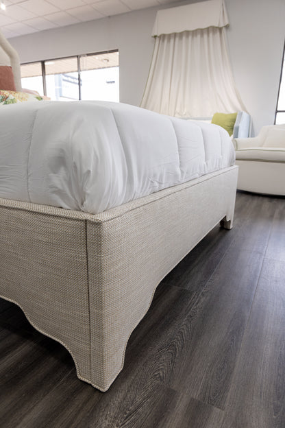65”H Queen Upholstered Platform Bed - Scalloped Legs - Performance Neutral Fabric - Self Welted