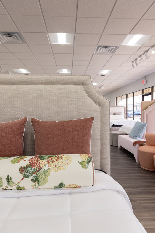 65”H Queen Upholstered Platform Bed - Scalloped Legs - Performance Neutral Fabric - Self Welted