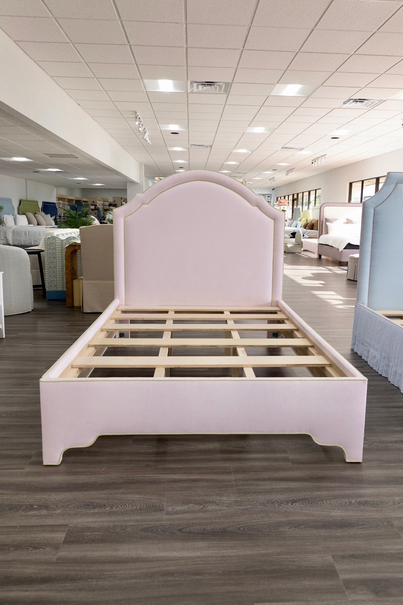 The Grace Queen Bed - Upholstered Legs - Powder Pink fabric with Green Trim