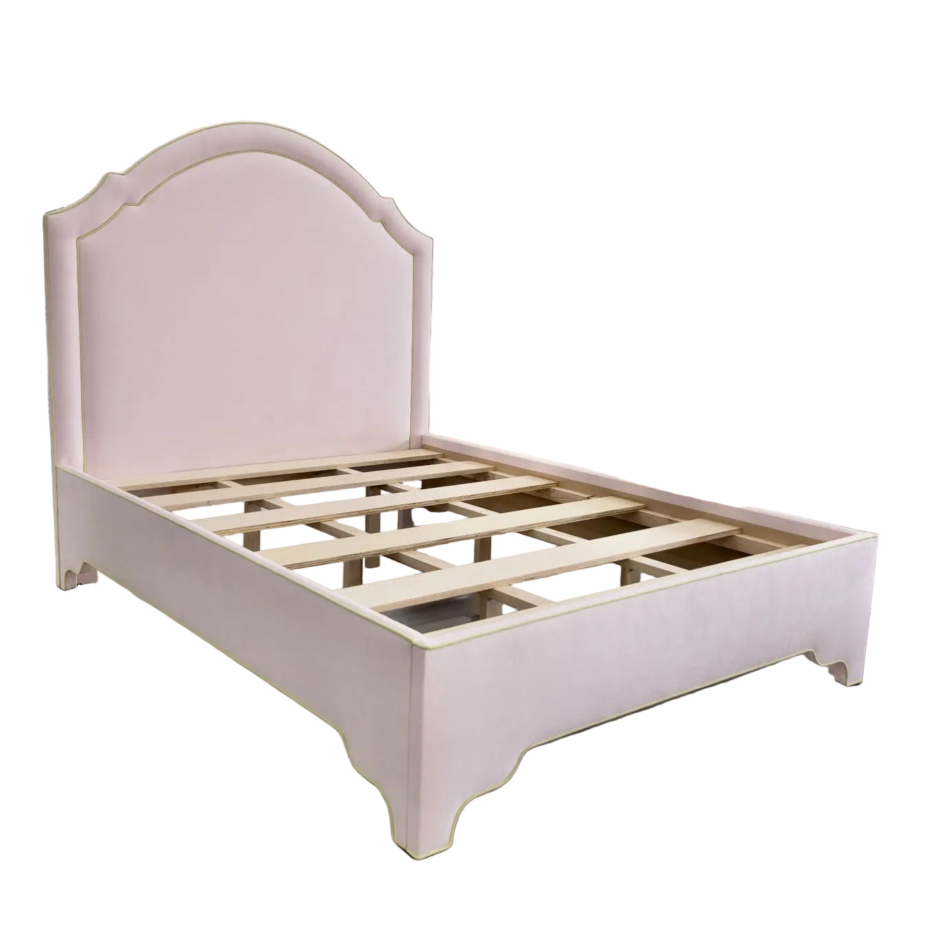 The Grace Queen Bed - Upholstered Legs - Powder Pink fabric with Green Trim