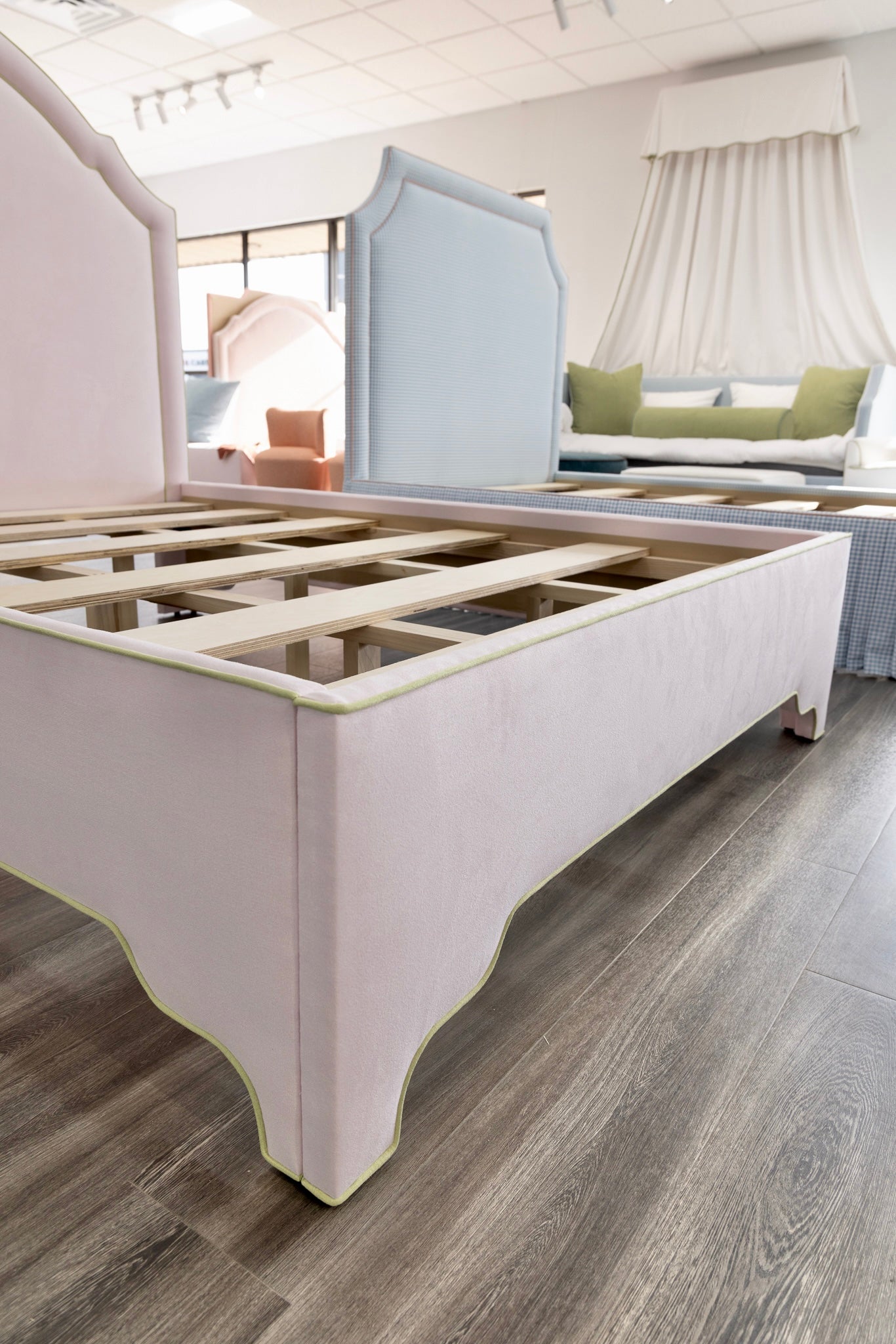 The Grace Queen Bed - Upholstered Legs - Powder Pink fabric with Green Trim