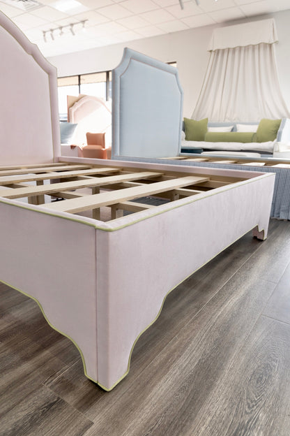 The Grace Queen Bed - Upholstered Legs - Powder Pink fabric with Green Trim