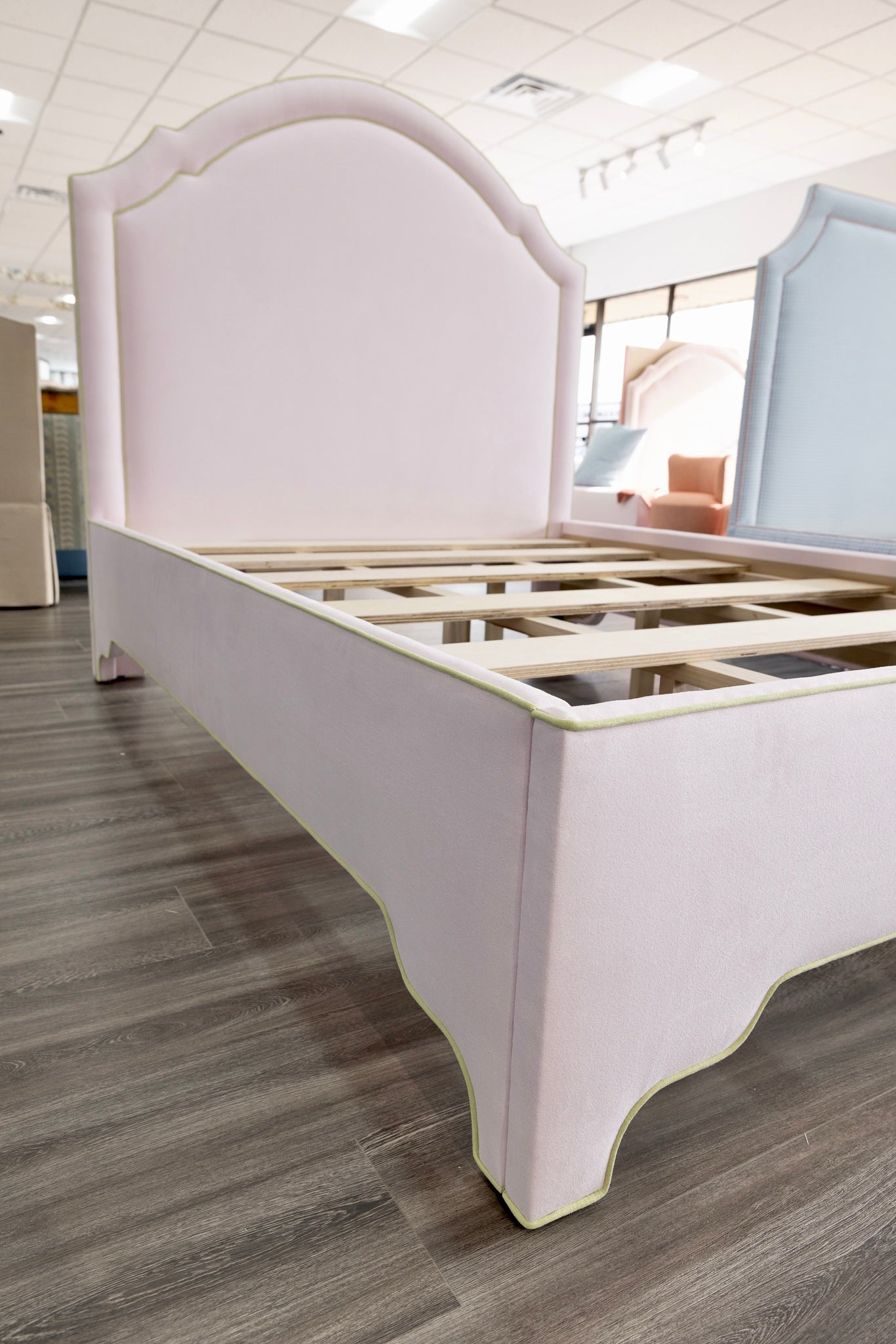 The Grace Queen Bed - Upholstered Legs - Powder Pink fabric with Green Trim