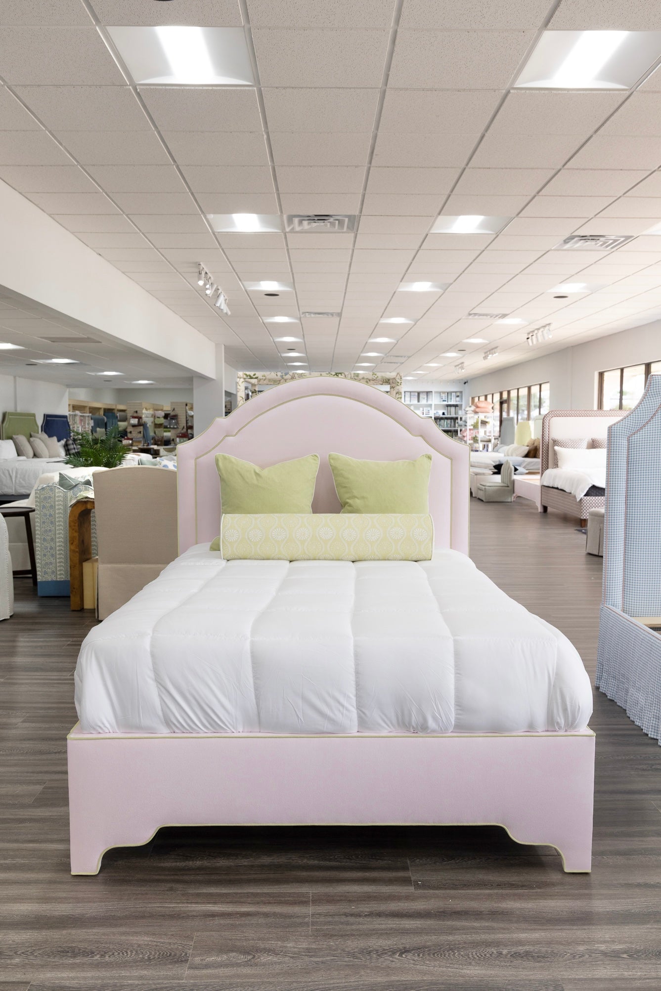 The Grace Queen Bed - Upholstered Legs - Powder Pink fabric with Green Trim