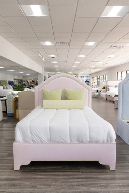 The Grace Queen Bed - Upholstered Legs - Powder Pink fabric with Green Trim