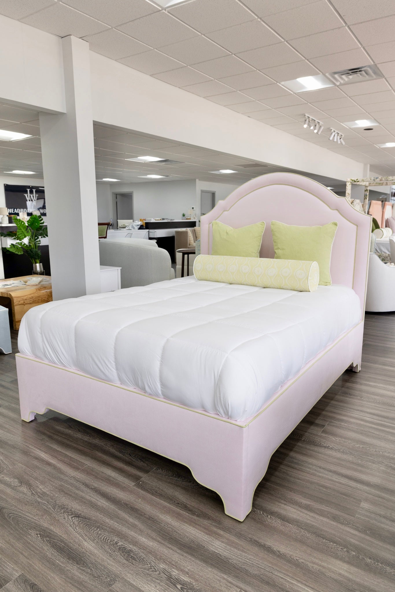 The Grace Queen Bed - Upholstered Legs - Powder Pink fabric with Green Trim