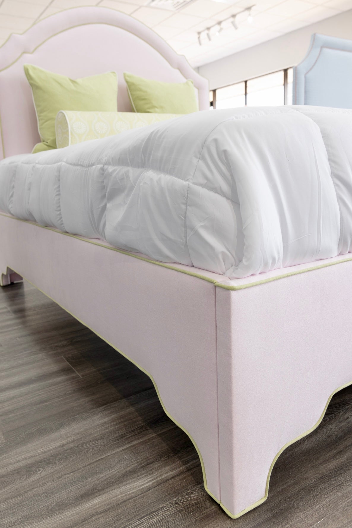 The Grace Queen Bed - Upholstered Legs - Powder Pink fabric with Green Trim